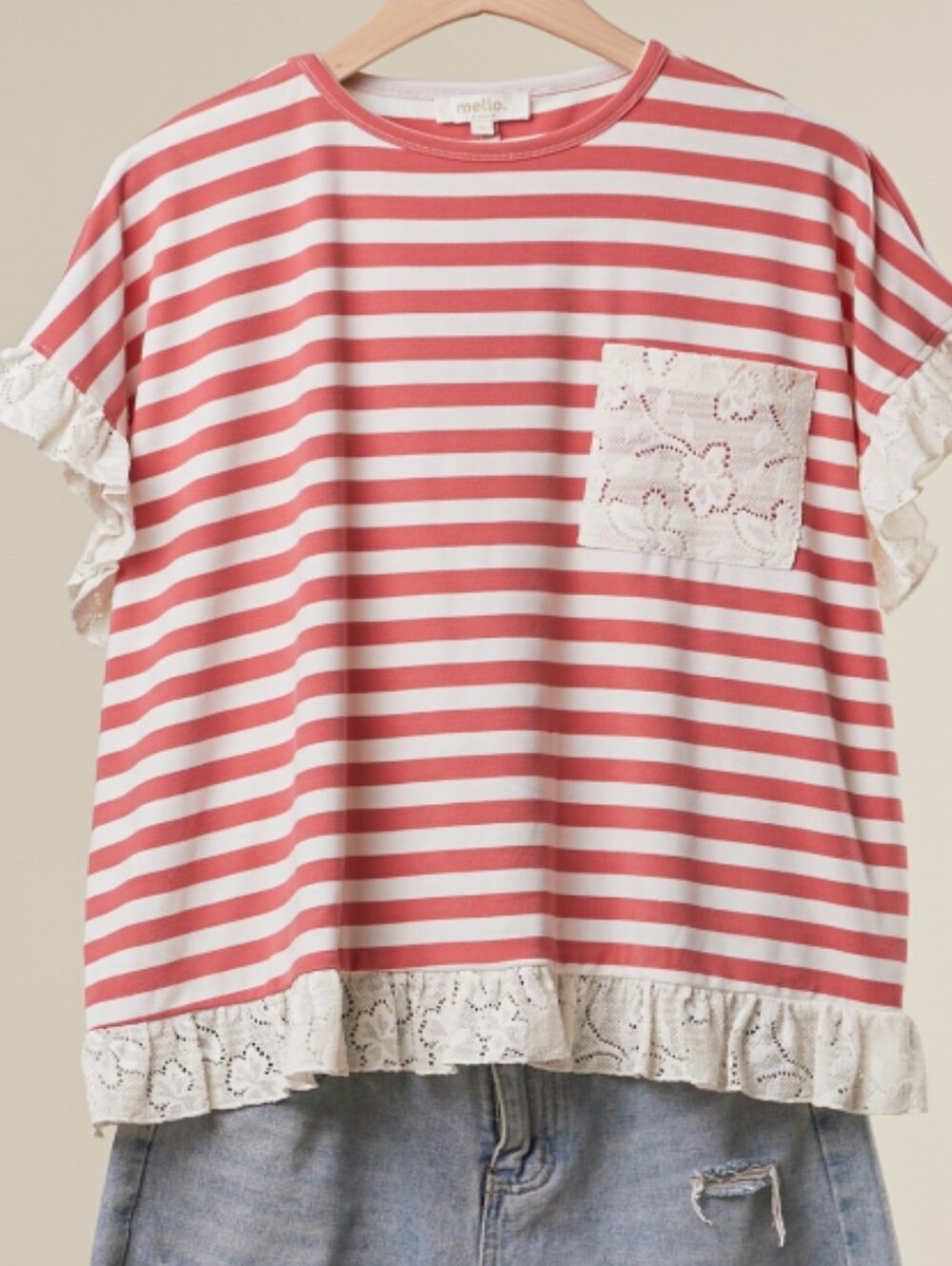 201 | Striped Top with Lace Trim - Red and Cream